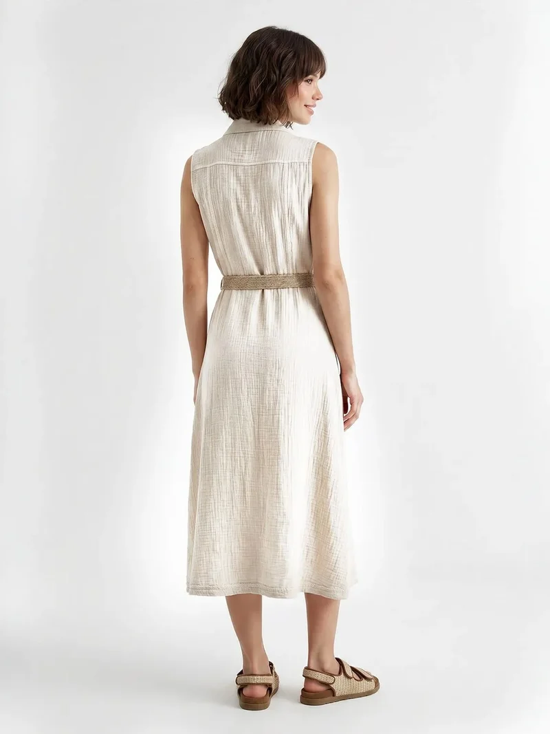 Mixray Dusty White MIXRAY Belted Cotton Midi Shirt Dress for Women | Best Price UAE