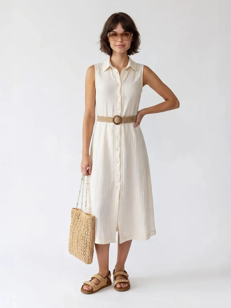 ميكسراي MIXRAY Belted Cotton Midi Shirt Dress
