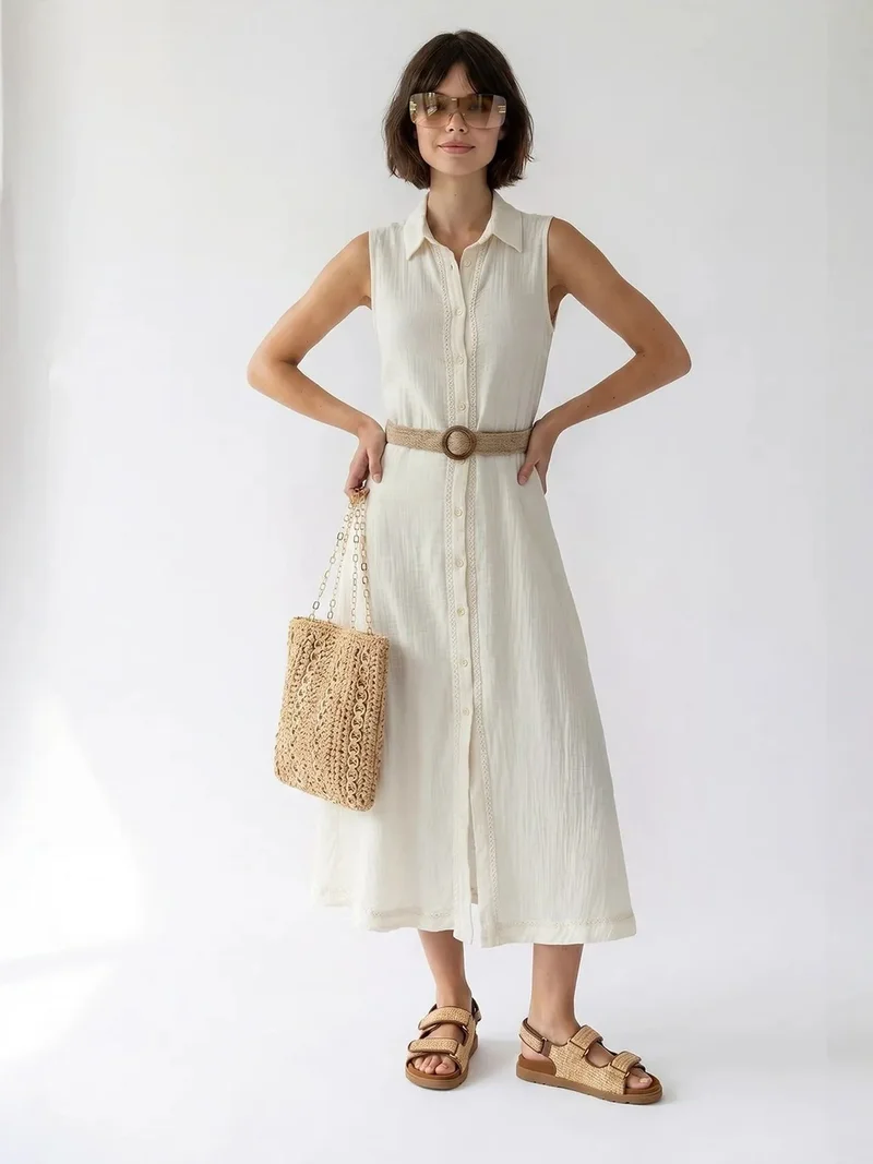 Mixray Dusty White MIXRAY Belted Cotton Midi Shirt Dress for Women | Best Price UAE