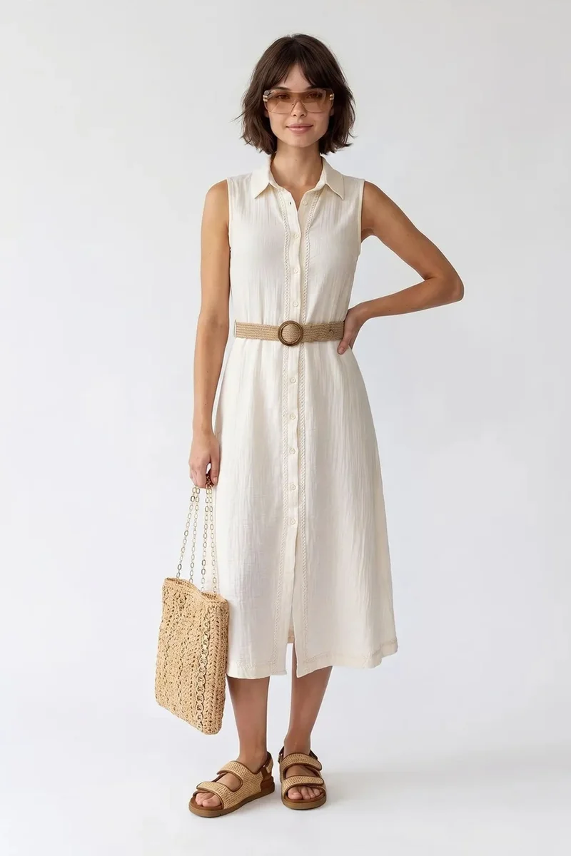 ميكسراي MIXRAY Belted Cotton Midi Shirt Dress