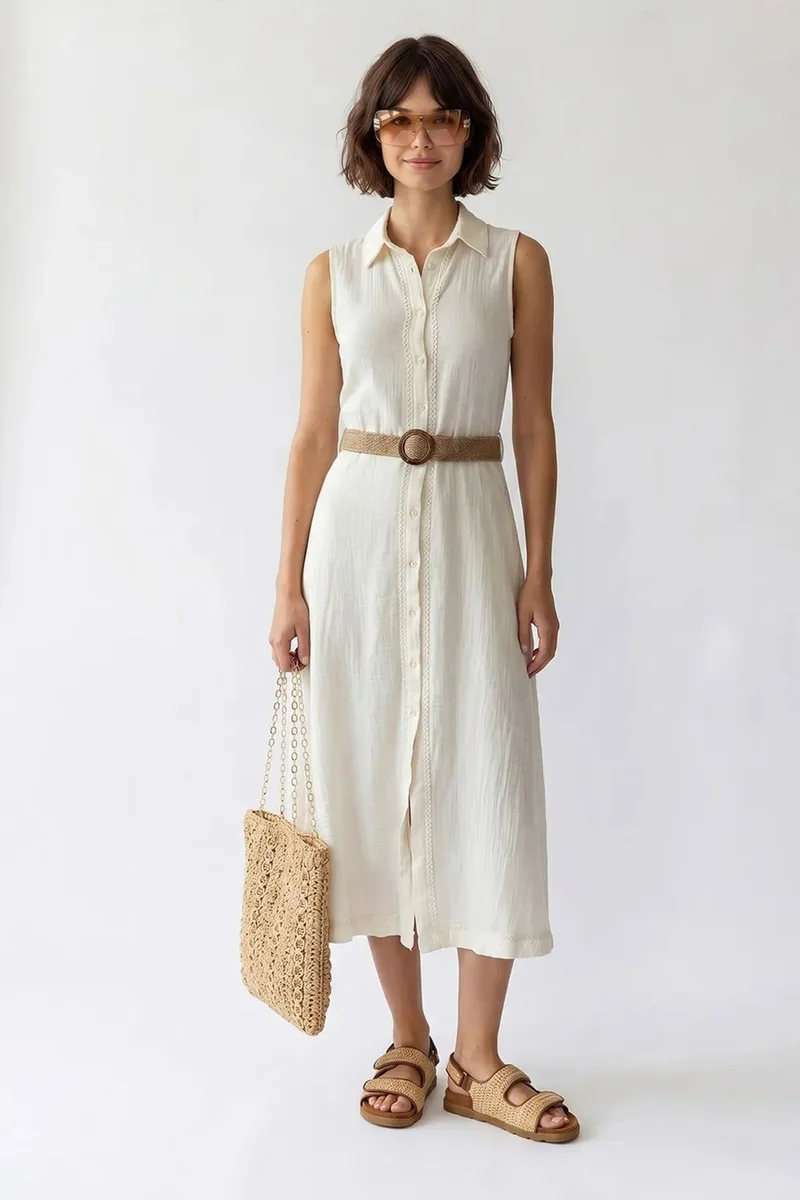 ميكسراي MIXRAY Belted Cotton Midi Shirt Dress