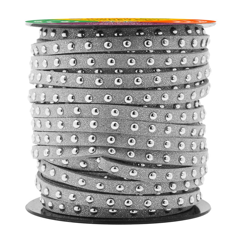 Mandala Crafts 20 Yards Metallic Silver Studded Faux Suede Cords Leather Trims  Flat Vegan Leather Lace Strips String with Silver Rivets for Jewelry Making Crafts Bracelets and Decorations