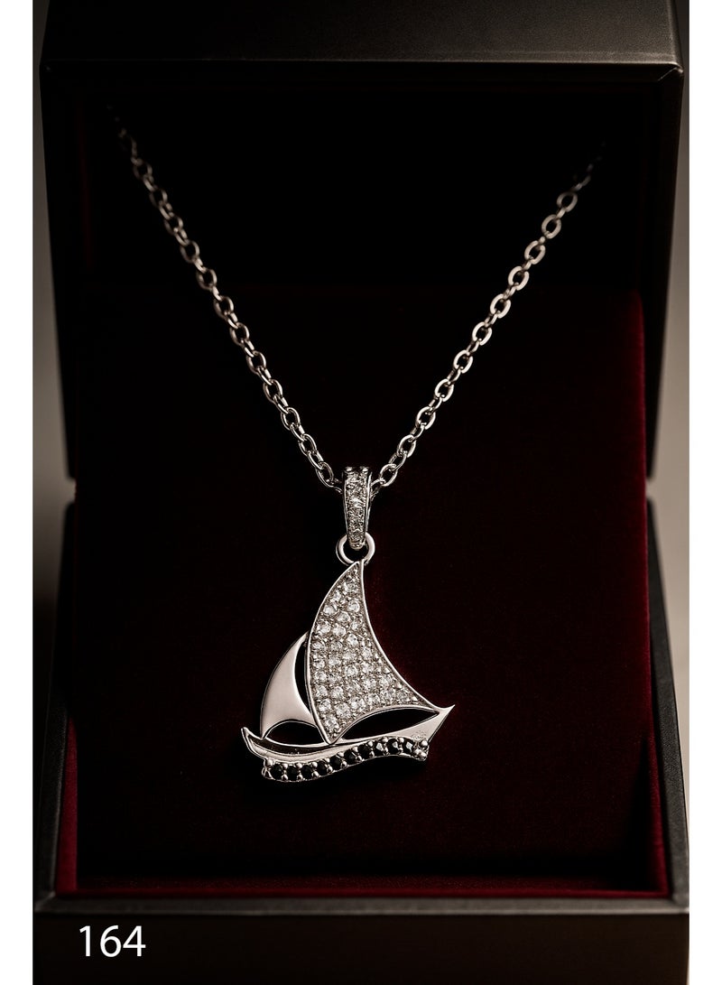 3Diamonds Sailboat Pendant Necklace for Women – Platinum-Plated, Nautical Design, Sparkly & Hypoallergenic Jewelry - Image 1