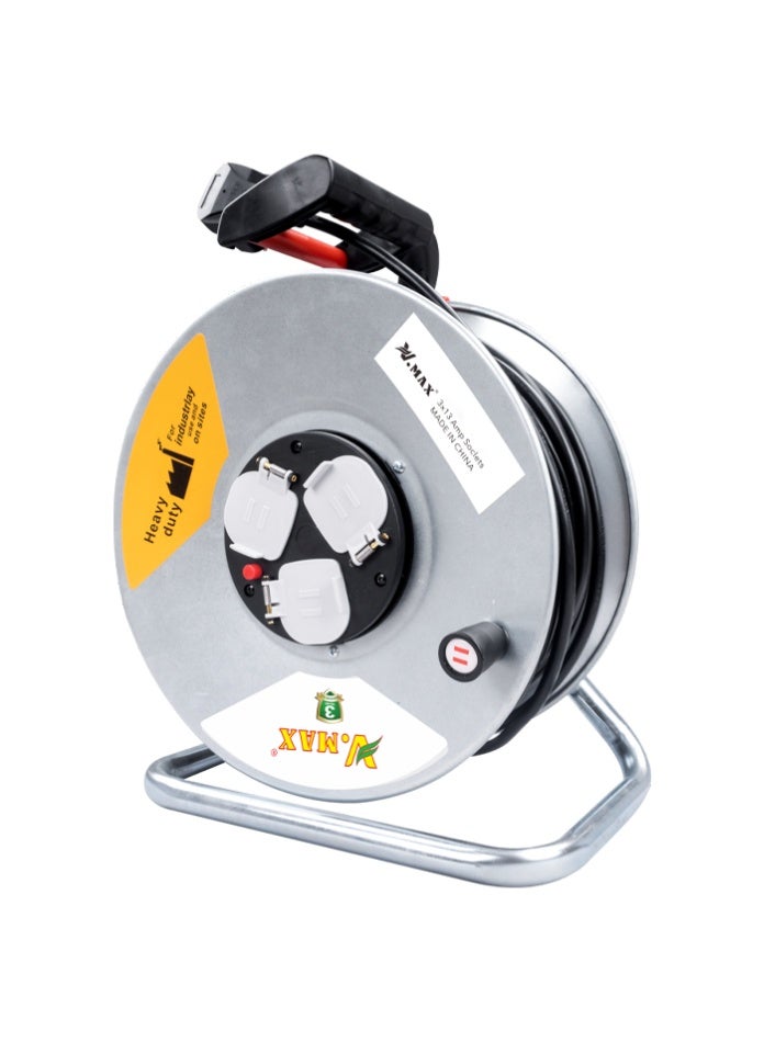 Vmax Heavy Duty Extension Cable Reel 50m 3x1.5mm² Galvanised Steel Body with 3x13A Sockets, Thermal Cut-Out Protection, Ergonomic Handle, Safe Power Extension for Workshop, Garage and Outdoor Use - Image 3
