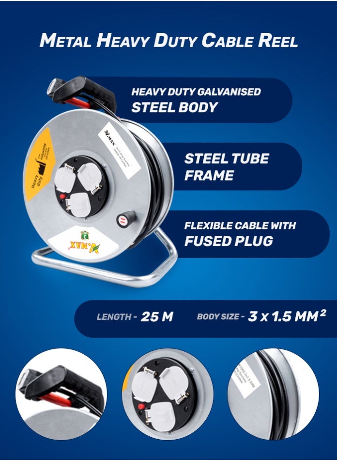 Vmax Heavy Duty Extension Cable Reel 50m 3x1.5mm² Galvanised Steel Body with 3x13A Sockets, Thermal Cut-Out Protection, Ergonomic Handle, Safe Power Extension for Workshop, Garage and Outdoor Use - Image 5