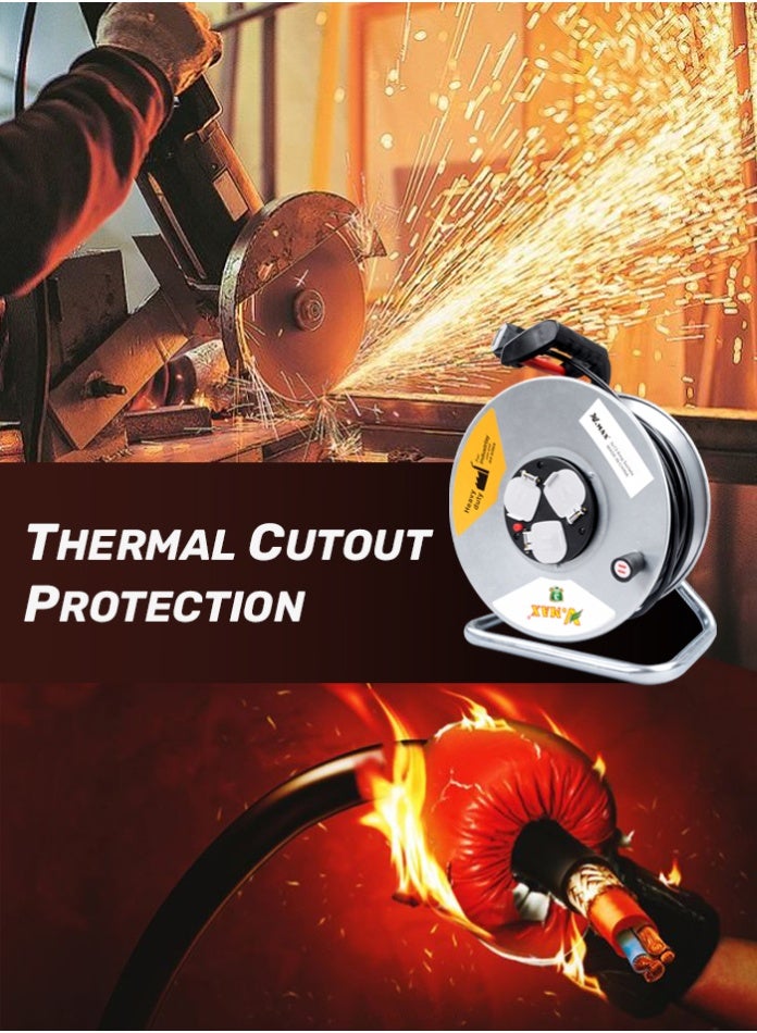 Vmax Heavy Duty Extension Cable Reel 50m 3x1.5mm² Galvanised Steel Body with 3x13A Sockets, Thermal Cut-Out Protection, Ergonomic Handle, Safe Power Extension for Workshop, Garage and Outdoor Use - Image 4