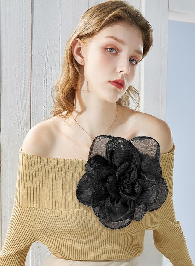 Dtja Large Camellia Flower Brooch Pin for Women Fashion Dainty Lightweight Organza Satin Fabric Big Brooches Lapel Pins Wedding Dance Party Dress Accessories Exaggerated Jewelry Gift (Black) - Image 2