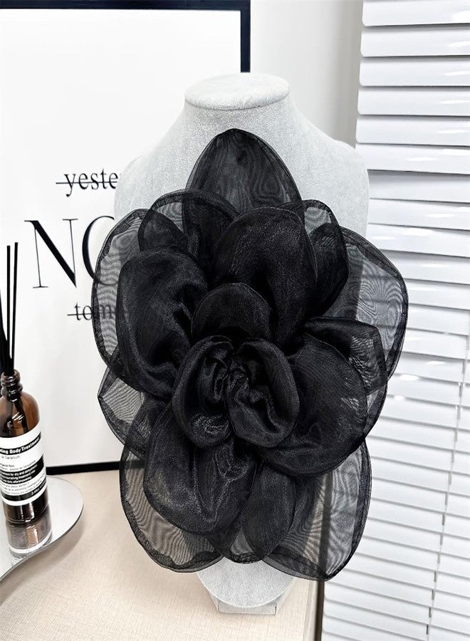 Dtja Large Camellia Flower Brooch Pin for Women Fashion Dainty Lightweight Organza Satin Fabric Big Brooches Lapel Pins Wedding Dance Party Dress Accessories Exaggerated Jewelry Gift (Black) - Image 4
