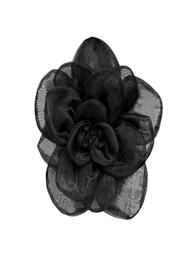 Dtja Large Camellia Flower Brooch Pin for Women Fashion Dainty Lightweight Organza Satin Fabric Big Brooches Lapel Pins Wedding Dance Party Dress Accessories Exaggerated Jewelry Gift (Black) - Image 1
