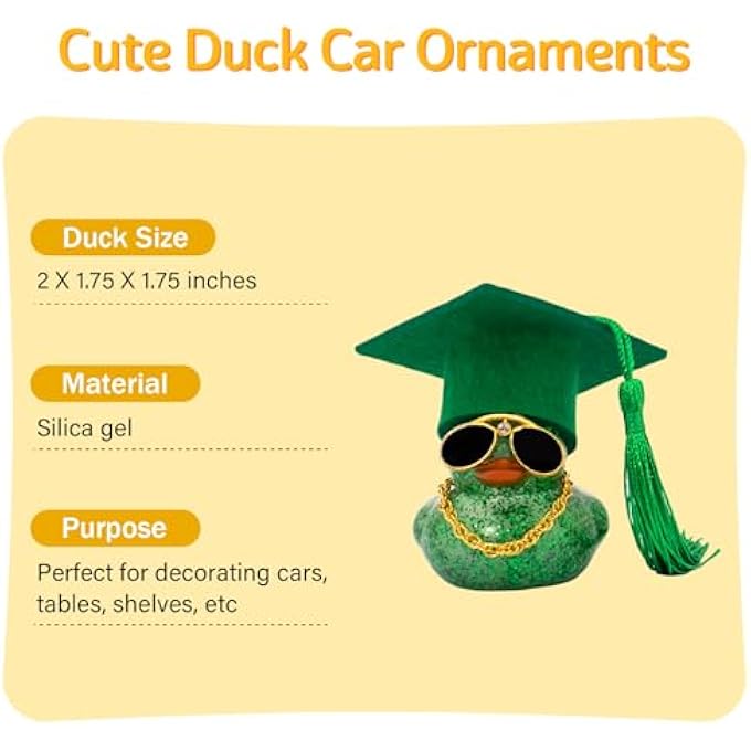 wonuu 2026 Colorful Car Ducks, Rubber Duck Car Dashboard Decorations Ornament Ducky with Graduation Hat, Glasses, Necklace, for Doctor, Master, Bachelor, Glitter Dark Green - Image 2