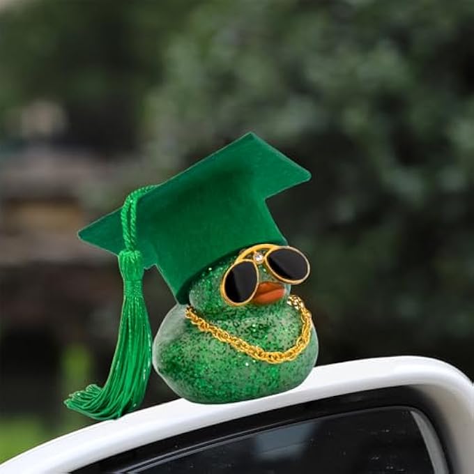 wonuu 2026 Colorful Car Ducks, Rubber Duck Car Dashboard Decorations Ornament Ducky with Graduation Hat, Glasses, Necklace, for Doctor, Master, Bachelor, Glitter Dark Green - Image 3