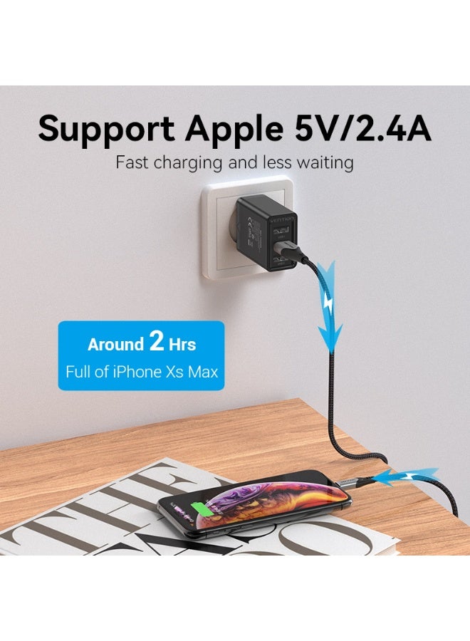 VENTION 3-port USB(A+A+A) Wall Charger(12W/12W/12W) EU-Plug Black Model # FEAB0-EU - Image 4