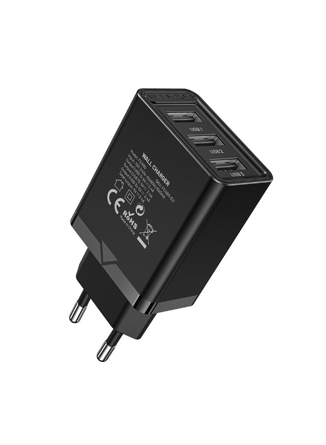 VENTION 3-port USB(A+A+A) Wall Charger(12W/12W/12W) EU-Plug Black Model # FEAB0-EU - Image 1
