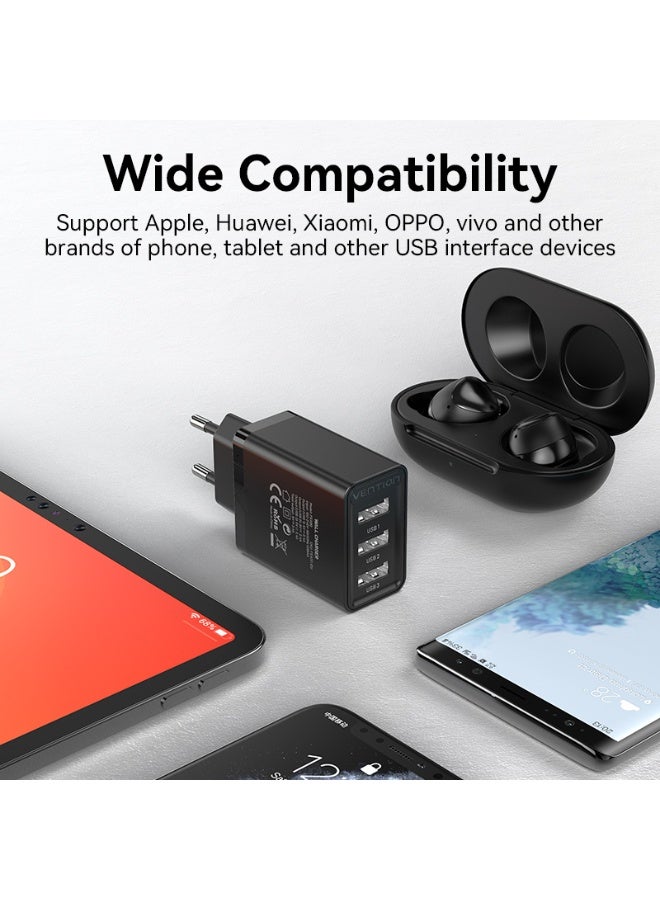 VENTION 3-port USB(A+A+A) Wall Charger(12W/12W/12W) EU-Plug Black Model # FEAB0-EU - Image 5