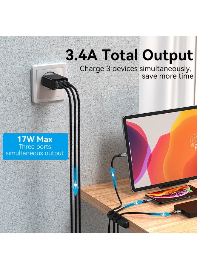 VENTION 3-port USB(A+A+A) Wall Charger(12W/12W/12W) EU-Plug Black Model # FEAB0-EU - Image 3
