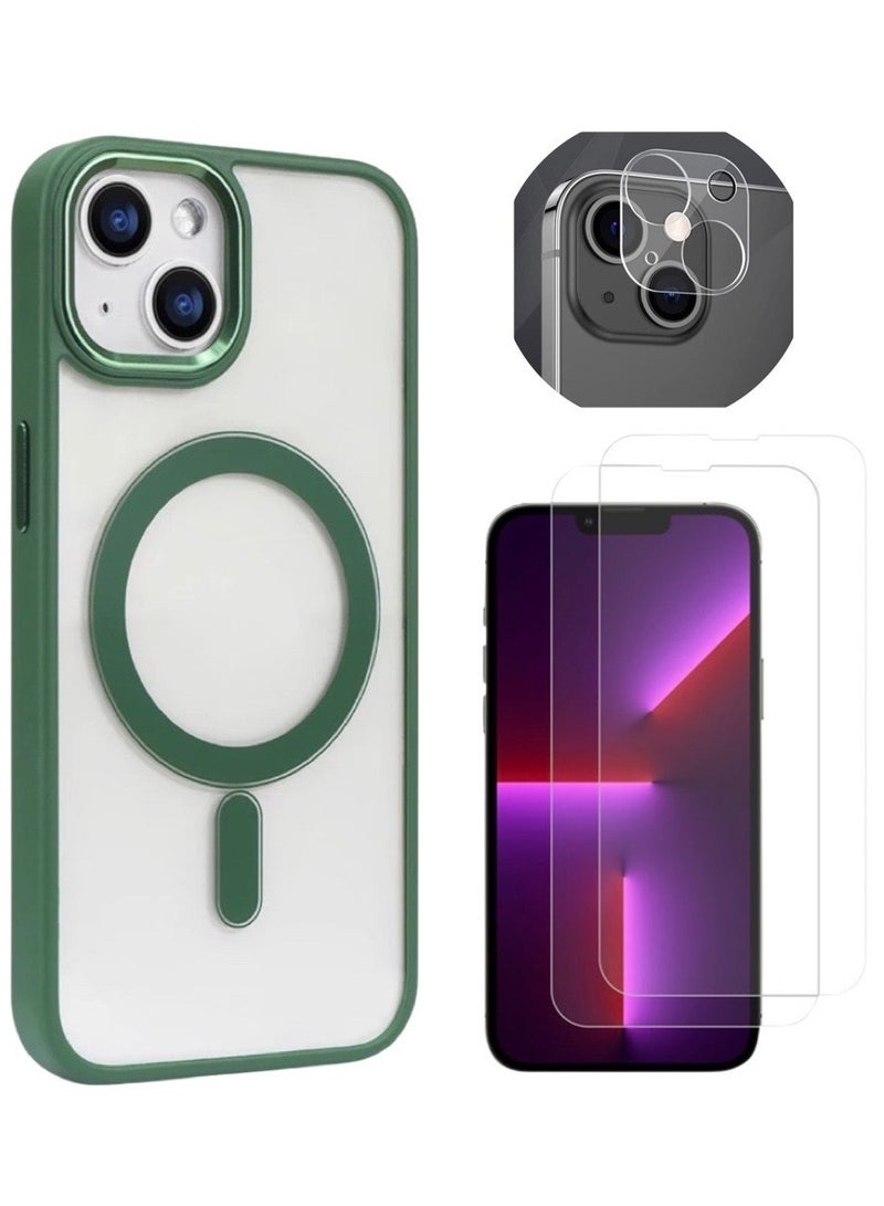 3in1 Magsafe Green Cover And 2 Piece Tempered Glass Screen Protector With Camera Lens Protector For Apple Iphone 14Plus - Image 1