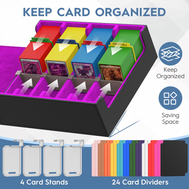 OEODAJ Trading Card Storage Box, 3200+ MTG Card Storage, 4 Row TCG Card Organizer Box with 24 Colorful Dividers and 4 Stands, PKM Bulk Storage, Deck Case Holder Fits for YuGiOh, Game Cards (Black Purple) - Image 2