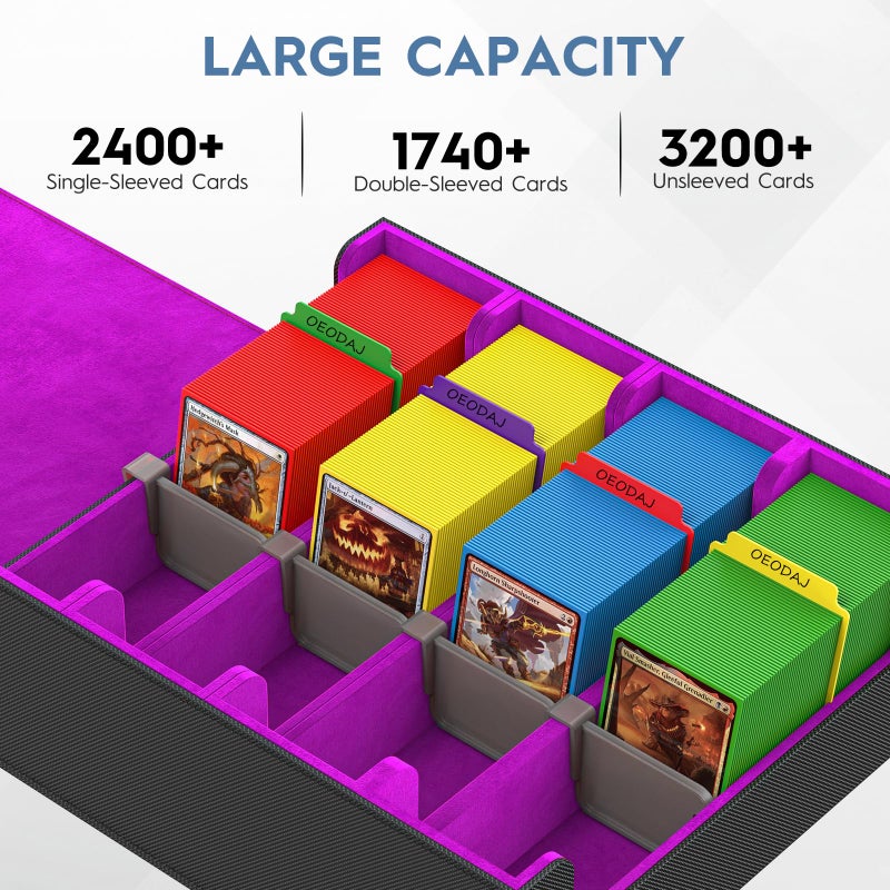 OEODAJ Trading Card Storage Box, 3200+ MTG Card Storage, 4 Row TCG Card Organizer Box with 24 Colorful Dividers and 4 Stands, PKM Bulk Storage, Deck Case Holder Fits for YuGiOh, Game Cards (Black Purple) - Image 3