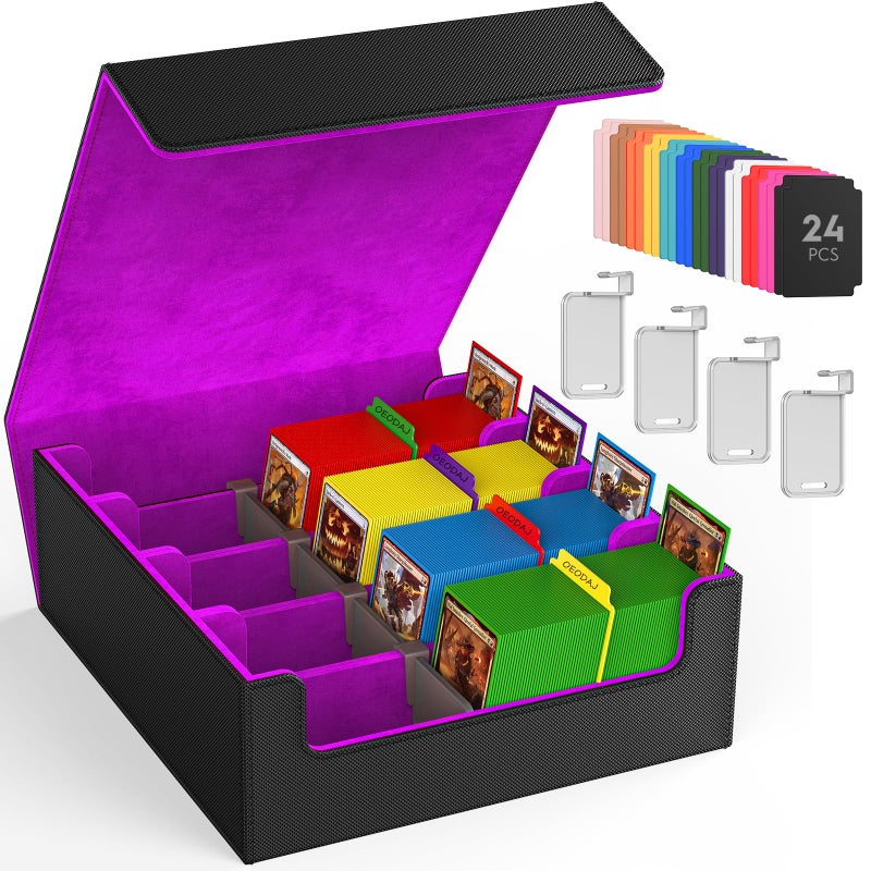 OEODAJ Trading Card Storage Box, 3200+ MTG Card Storage, 4 Row TCG Card Organizer Box with 24 Colorful Dividers and 4 Stands, PKM Bulk Storage, Deck Case Holder Fits for YuGiOh, Game Cards (Black Purple) - Image 1