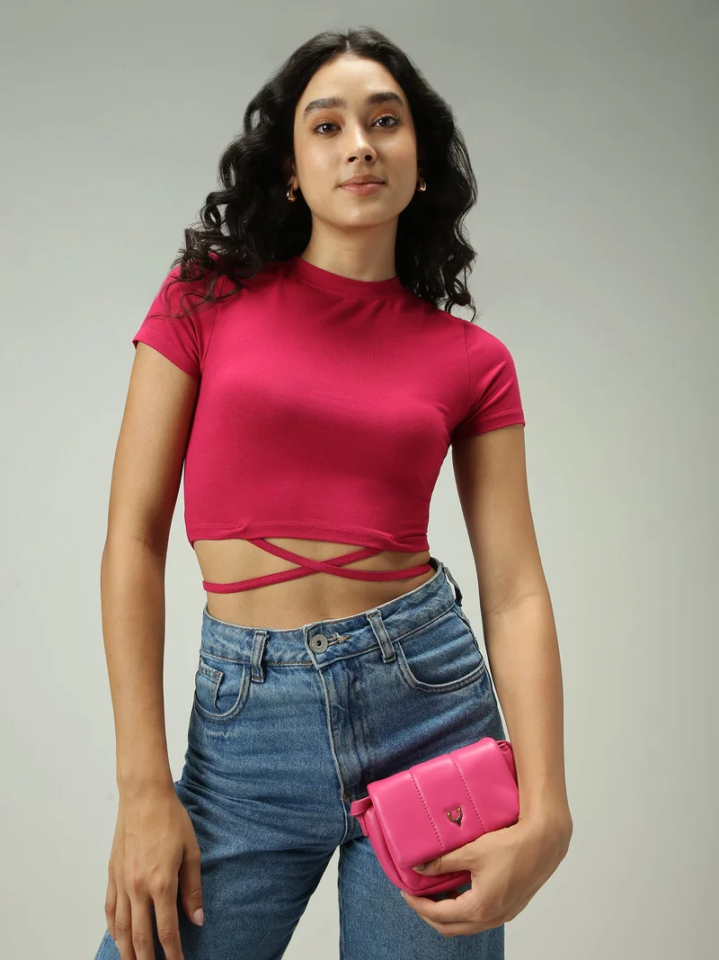 OUTZIDR Pink Criss Cross Bottom Tie Up Top