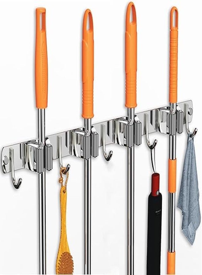 RENVA Broom Holder Wall Mount - 4 Slots 5 Hooks Heavy Duty Stainless Steel Mop and Broom Organizer Rack for Wall, Tool Hanger for Kitchen, Bathroom, Garden, Garage, Home Storage (SILVER, 4 SLOT) - Image 1