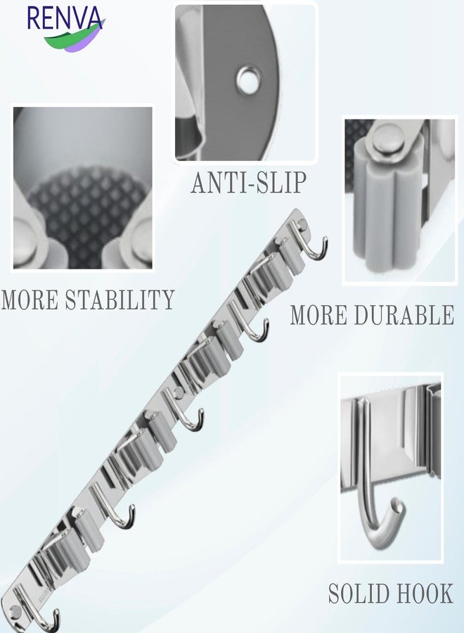 RENVA Broom Holder Wall Mount - 4 Slots 5 Hooks Heavy Duty Stainless Steel Mop and Broom Organizer Rack for Wall, Tool Hanger for Kitchen, Bathroom, Garden, Garage, Home Storage (SILVER, 4 SLOT) - Image 3