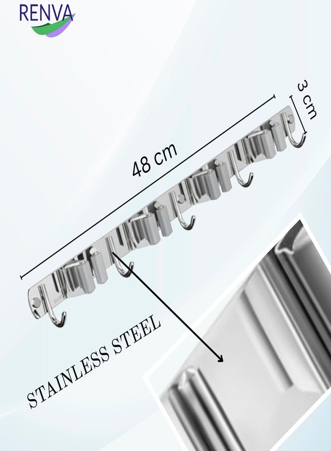 RENVA Broom Holder Wall Mount - 4 Slots 5 Hooks Heavy Duty Stainless Steel Mop and Broom Organizer Rack for Wall, Tool Hanger for Kitchen, Bathroom, Garden, Garage, Home Storage (SILVER, 4 SLOT) - Image 2