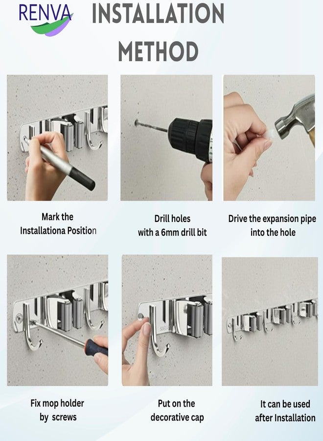 RENVA Broom Holder Wall Mount - 4 Slots 5 Hooks Heavy Duty Stainless Steel Mop and Broom Organizer Rack for Wall, Tool Hanger for Kitchen, Bathroom, Garden, Garage, Home Storage (SILVER, 4 SLOT) - Image 4