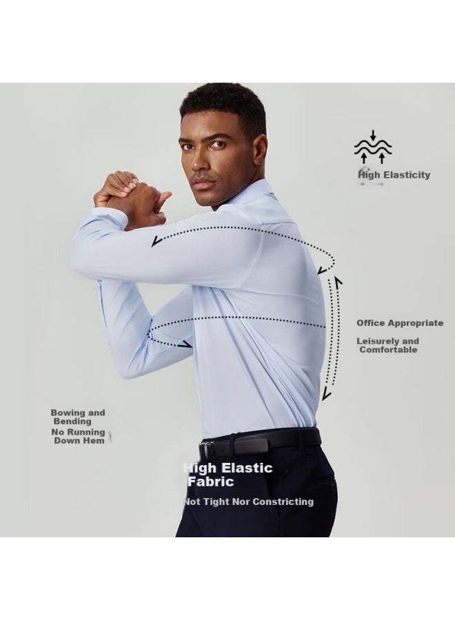 Ouding First Class High Elastic Shirt Men's Ice Oxygen Blue Wrinkle-free Anti-wrinkle High-end New Shirt Ice Oxygen Blue Solid Color 41 - Image 2