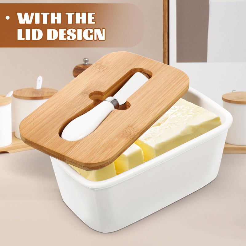 Ceramic Butter Dish with Cutter and Airtight Wooden Lid White Kitchen Storage Container - Image 4