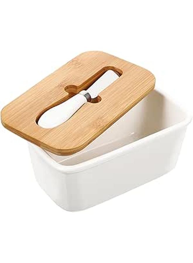 Ceramic Butter Dish with Cutter and Airtight Wooden Lid White Kitchen Storage Container - Image 1