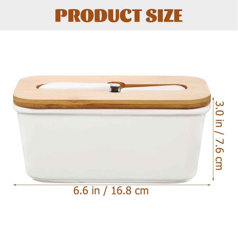 Ceramic Butter Dish with Cutter and Airtight Wooden Lid White Kitchen Storage Container - Image 3