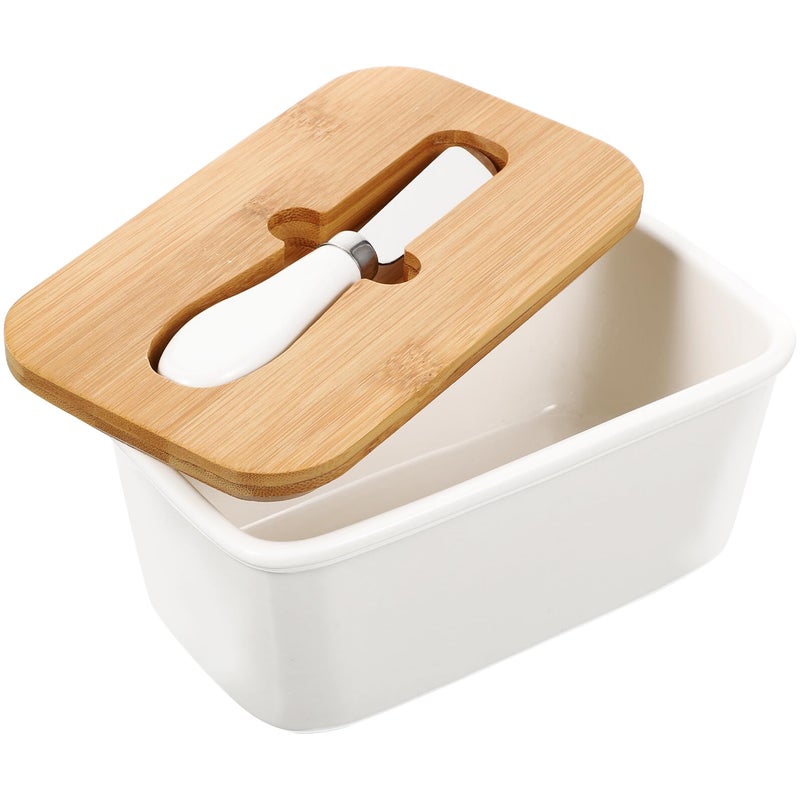 Ceramic Butter Dish with Cutter and Airtight Wooden Lid White Kitchen Storage Container - Image 2
