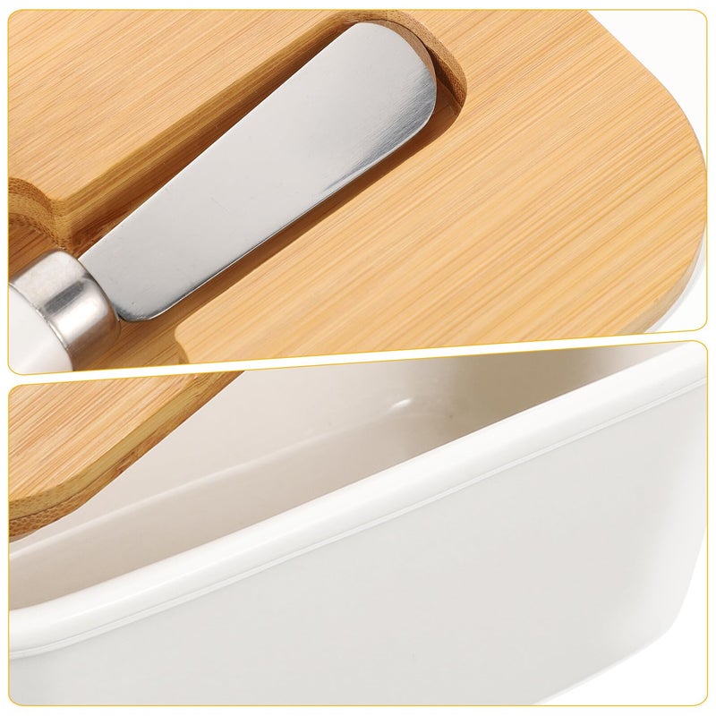 Ceramic Butter Dish with Cutter and Airtight Wooden Lid White Kitchen Storage Container - Image 5
