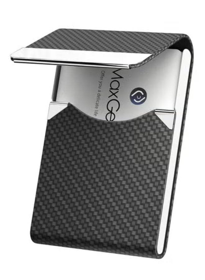 MaxGear Business Card Holder, PU Leather Business Card Case Pocket Card Holders for Men or Women, Metal Slim Name Card Holder RFID Blocking Business Card Carrier with Magnetic Closure, Black Carbon - Image 1