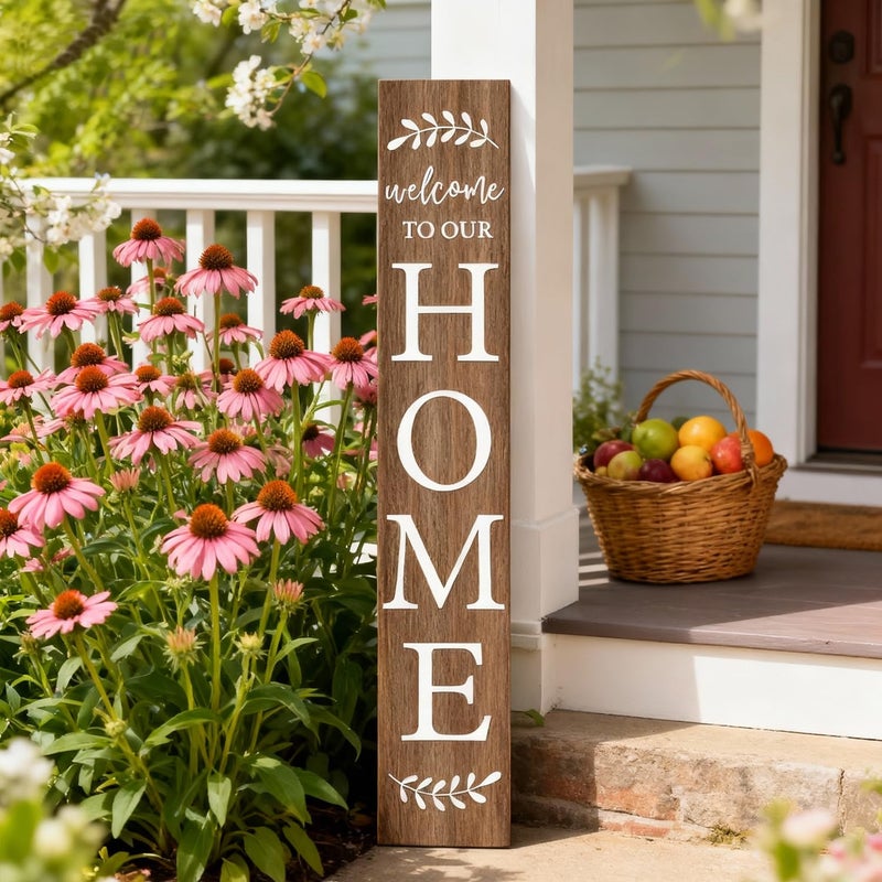 Cpcdaosk Welcome Sign for Front Porch, 47" Large Wooden Welcome to Our Home Sign Door Hanging Standing Plaque, Farmhouse Vertical Outdoor Porch Decorations for Yard Patio Entrance (Natural) - Image 2
