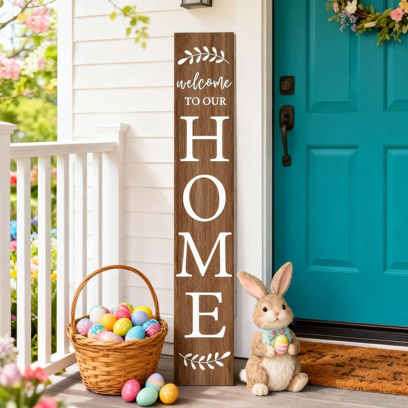 Cpcdaosk Welcome Sign for Front Porch, 47" Large Wooden Welcome to Our Home Sign Door Hanging Standing Plaque, Farmhouse Vertical Outdoor Porch Decorations for Yard Patio Entrance (Natural) - Image 1