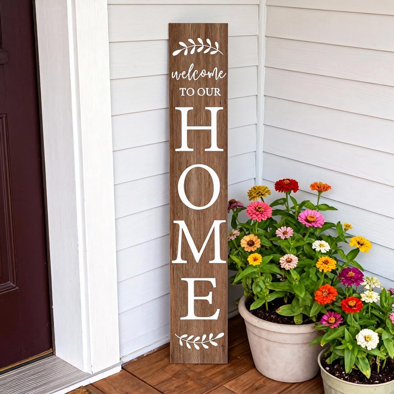 Cpcdaosk Welcome Sign for Front Porch, 47" Large Wooden Welcome to Our Home Sign Door Hanging Standing Plaque, Farmhouse Vertical Outdoor Porch Decorations for Yard Patio Entrance (Natural) - Image 3