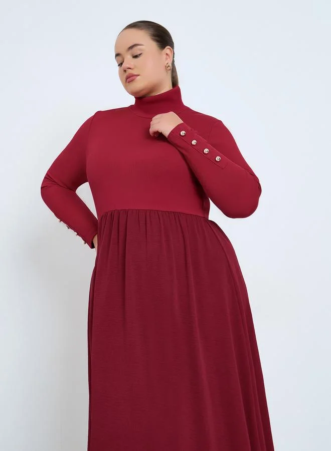 ستايلي فستان ميدي مضلع بأكمام طويلة مقاس كبير