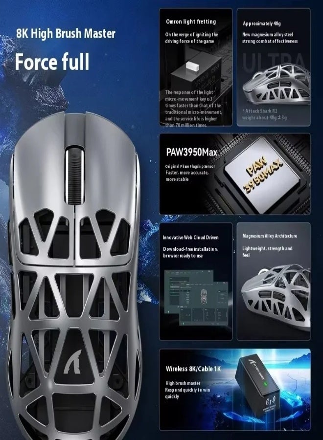 Attack Shark R2 Magnesium Alloy Wireless Mouse PAW3950 Lightweight Gaming Esports Bluetooth Three-Mode 8k Gaming Office Mouse (White) - Image 5