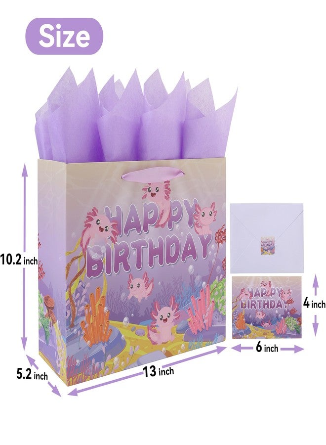 wishinside 13” Large Axolotl Happy Birthday Gift Bag Set with Handles, Greeting Card, Purple Tissue Papers and Stickers for Girls Kids Women Teens, Ocean-themed Design, 1 Pcs - Image 2
