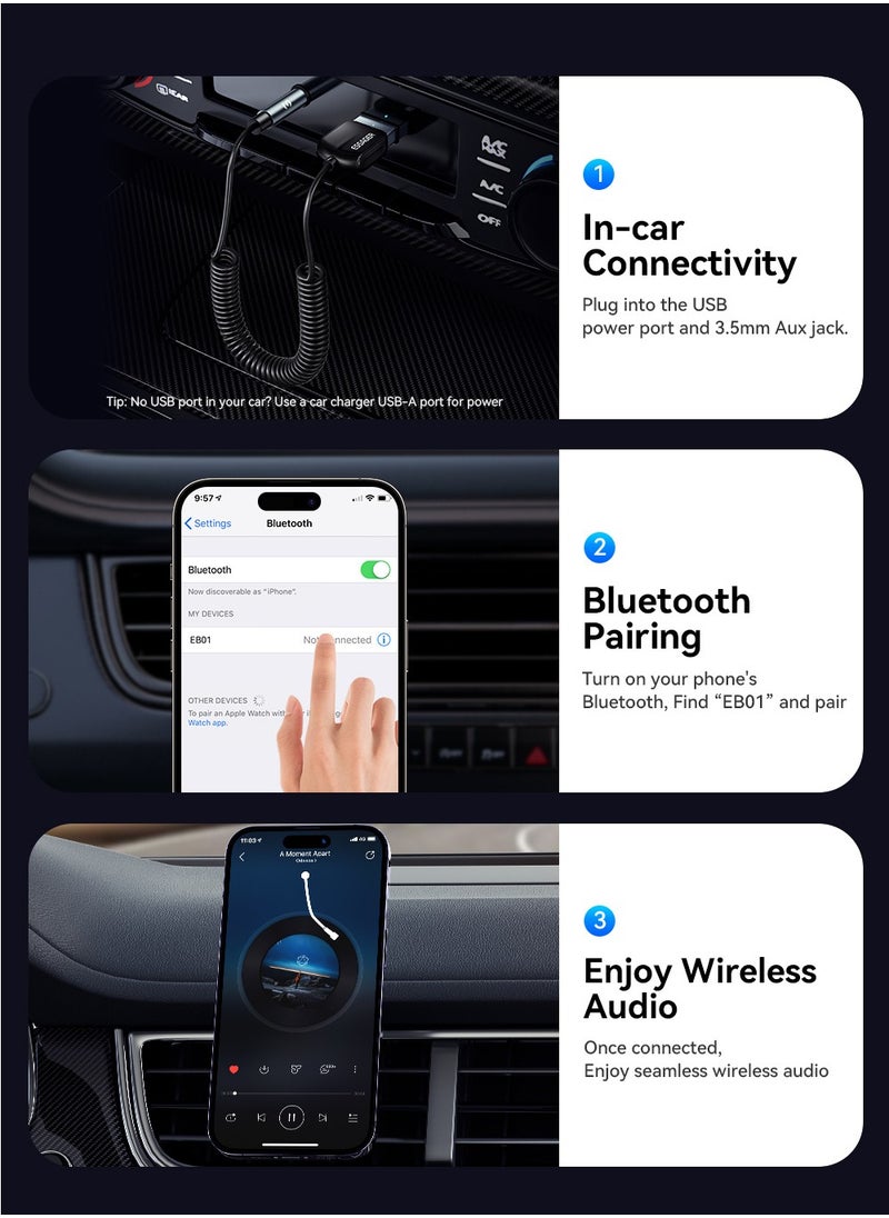 محول بلوتوث Aux للسيارة، جهاز استقبال بلوتوث 5.0 لإلغاء الضوضاء من Essager، محول صوت USB إلى مقبس 3.5 مم للموسيقى بدون فقدان مع ميكروفون مدمج لمجموعات السيارة/ستيريو المنزل/مكبر صوت للمكالمات بدون استخدام اليدين - pzsku/ZFB2C5253F1726CD8661CZ/45/1741661783/9adfa4aa-d29a-4e13-8ffb-ac25c5cf426f