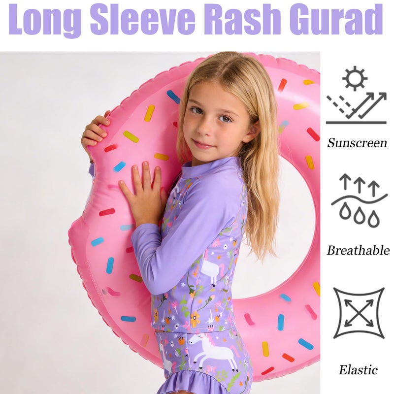 swimsobo Girl Unicorn Rash Guard Swimsuit for Kids Size 5-6 Years Purple Tankini Sets Sun Protect Bathing Suit 3 Pieces Long Sleeve Child Swimwear - Image 2