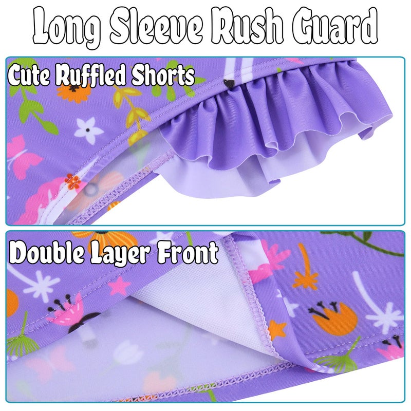 swimsobo Girl Unicorn Rash Guard Swimsuit for Kids Size 5-6 Years Purple Tankini Sets Sun Protect Bathing Suit 3 Pieces Long Sleeve Child Swimwear - Image 3