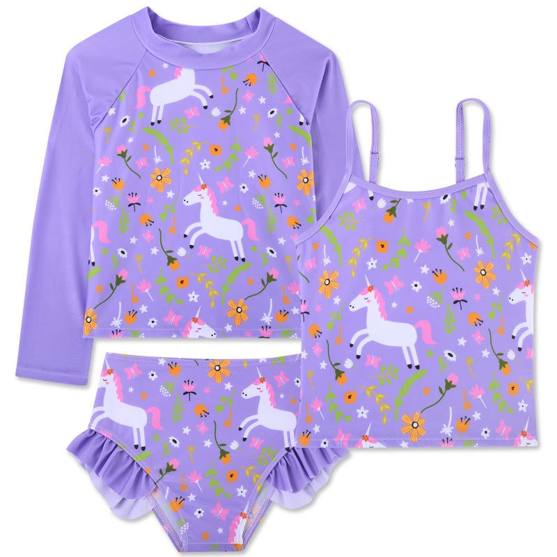 swimsobo Girl Unicorn Rash Guard Swimsuit for Kids Size 5-6 Years Purple Tankini Sets Sun Protect Bathing Suit 3 Pieces Long Sleeve Child Swimwear - Image 1