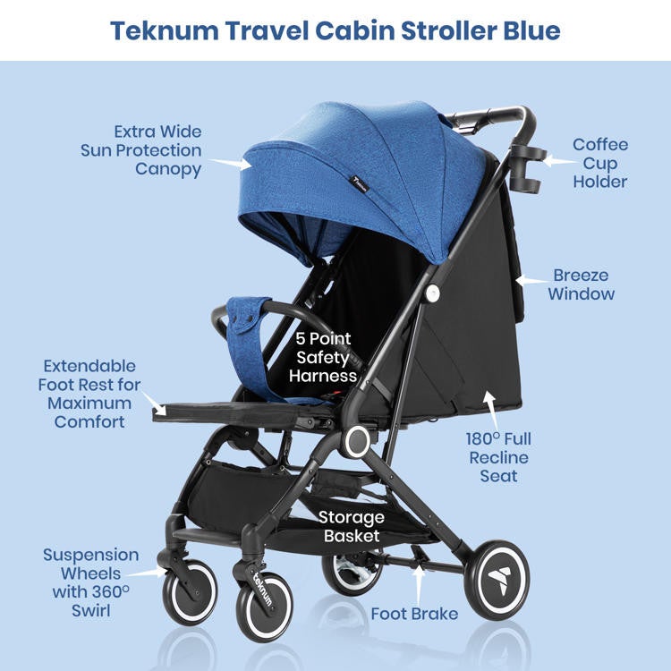 TEKNUM Travel Cabin Stroller with Coffee Cup Holder - Blue - Image 2