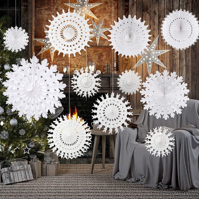WHITE PAPER SNOWFLAKE DECORATIONS FROZEN BIRTHDAY PARTY SUPPLIES WINTER WONDERLAND PARTY DECORATIONS CHRISTMAS SNOWFLAKES HANGING DECORATIONASSORT SIZE