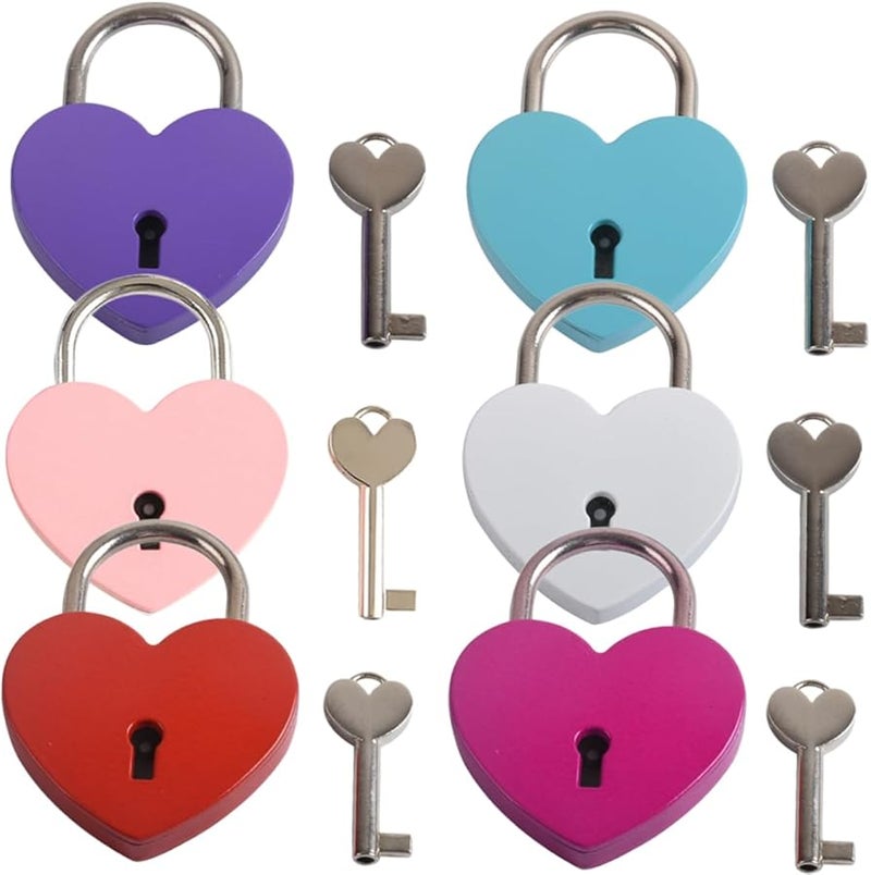Healifty 6pcs Mini Heart Padlocks with Keys for Jewelry Box Diaries Suitcases Pink Purple Blue Red Silver - Image 1