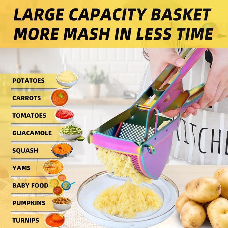 QRU Large Potato Ricer, Heavy Duty Stainless Steel Potato Masher for Commercial and Home Use, Fruit Press Baby Food Masher (Rainbow) - Image 2