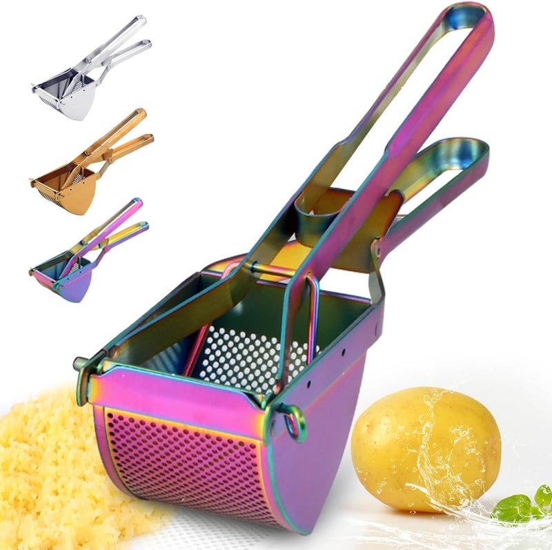 QRU Large Potato Ricer, Heavy Duty Stainless Steel Potato Masher for Commercial and Home Use, Fruit Press Baby Food Masher (Rainbow) - Image 1